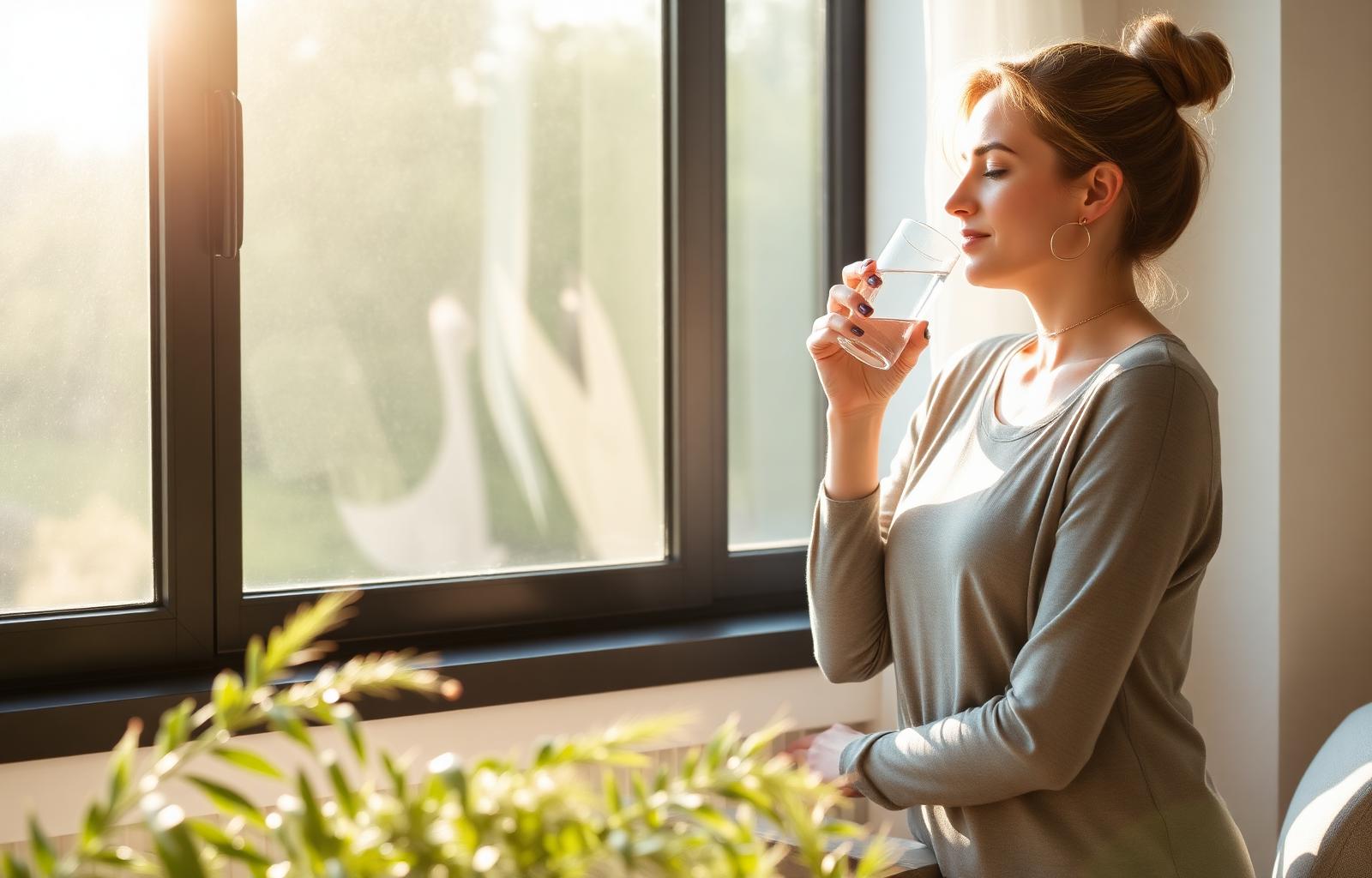 Woman peacefully drinking a glass of water in soft morning light